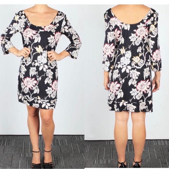 Diane Von Furstenberg Silk Black Cream Floral Bird Mini Shift Dress - Picture 1 of 6